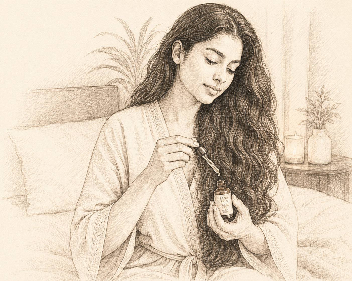 Black-and-white pencil sketch of a woman using evening oil